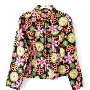 Gandy Couture Womens Brown Collared Front Pocket Floral Casual Jacket Size L